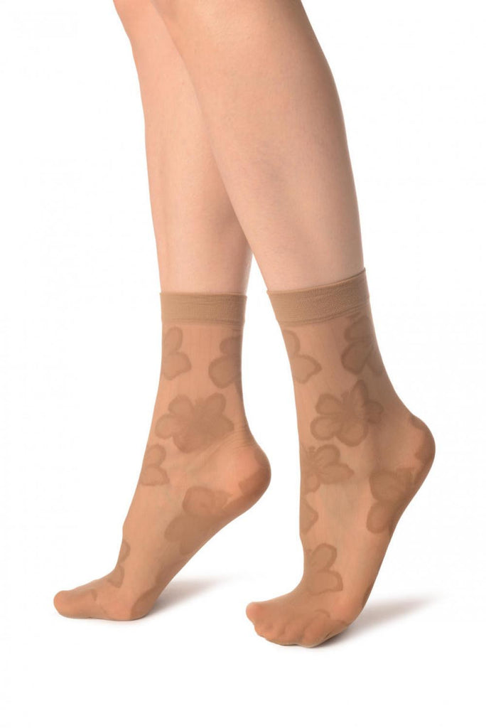 Liss Kiss Beige Flower & Stripes Ankle High Socks - Socks