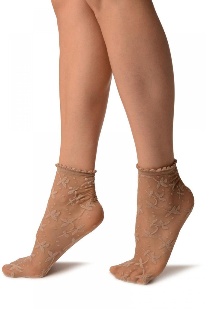 Liss Kiss Beige Flowers Ankle High Socks With Comfort Top - Socks