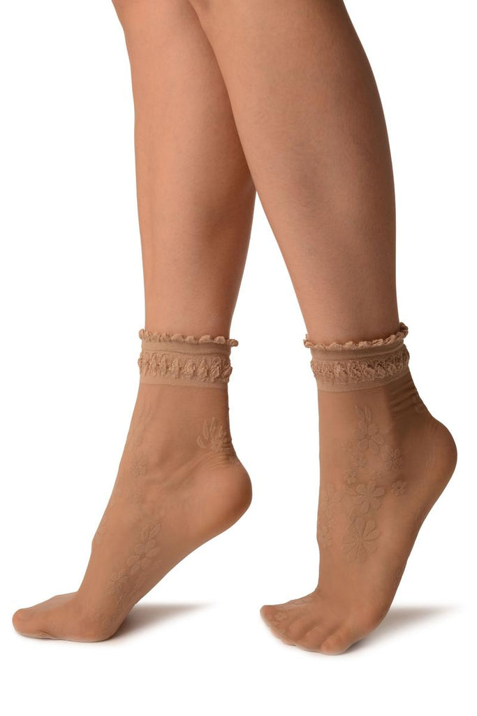 Liss Kiss Beige Flowers Bouquet Ankle High Socks With Comfort Top - Socks
