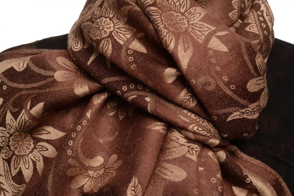 Liss Kiss Beige Garden Flowers On Brown Pashmina With Tassels - Scarf