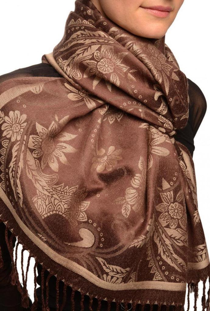Liss Kiss Beige Garden Flowers On Brown Pashmina With Tassels - Scarf