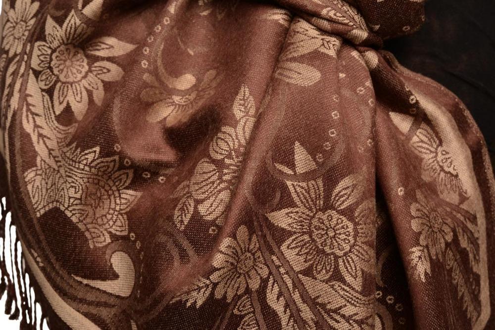 Liss Kiss Beige Garden Flowers On Brown Pashmina With Tassels - Scarf