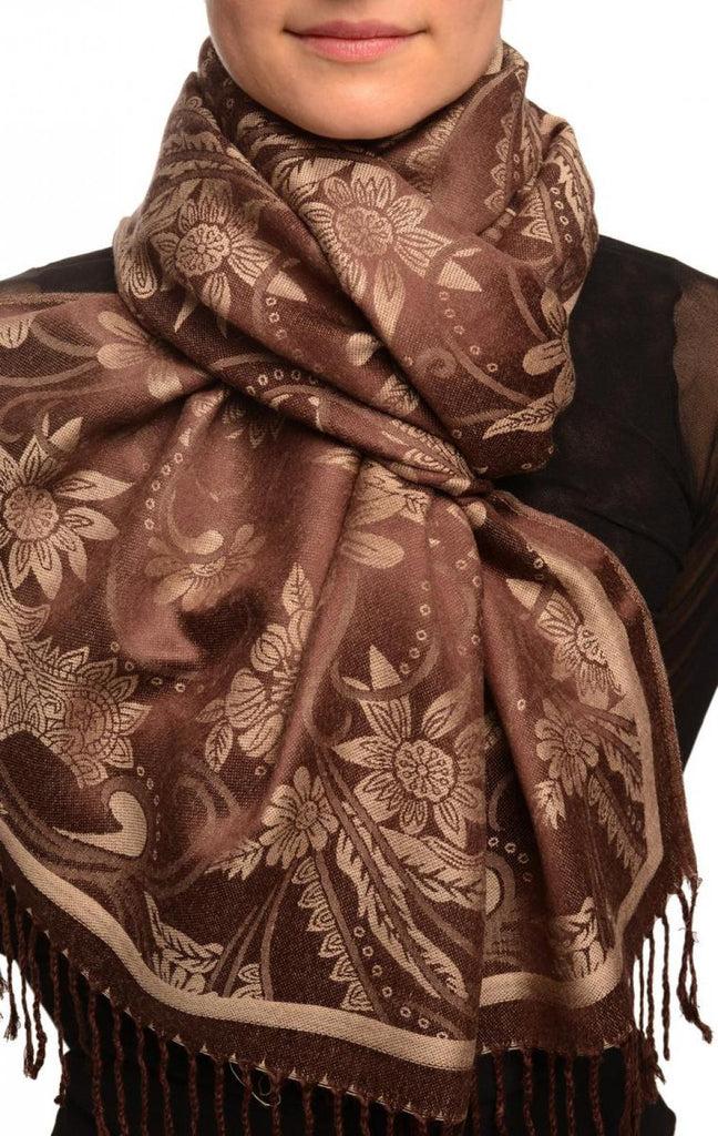liss kiss Beige Garden Flowers On Brown Pashmina With Tassels - Scarf