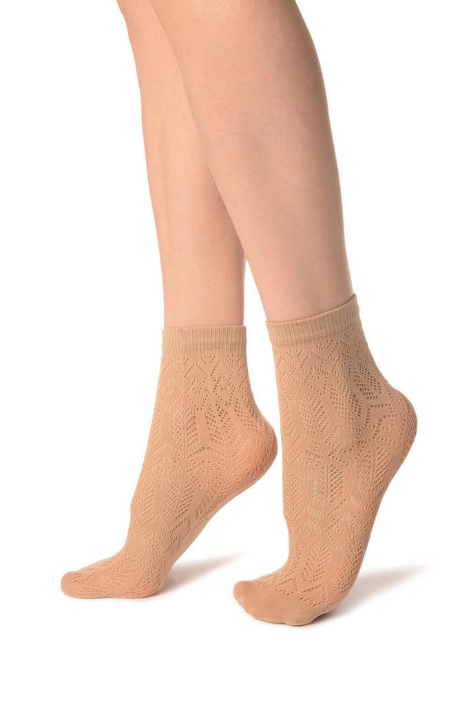 Liss Kiss Beige Geometrical Crochet Lace Ankle High Socks - Socks