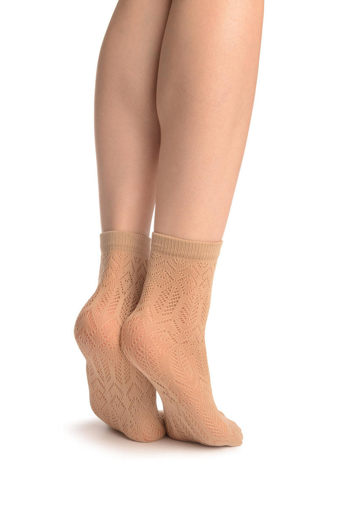 Liss Kiss Beige Geometrical Crochet Lace Ankle High Socks - Socks