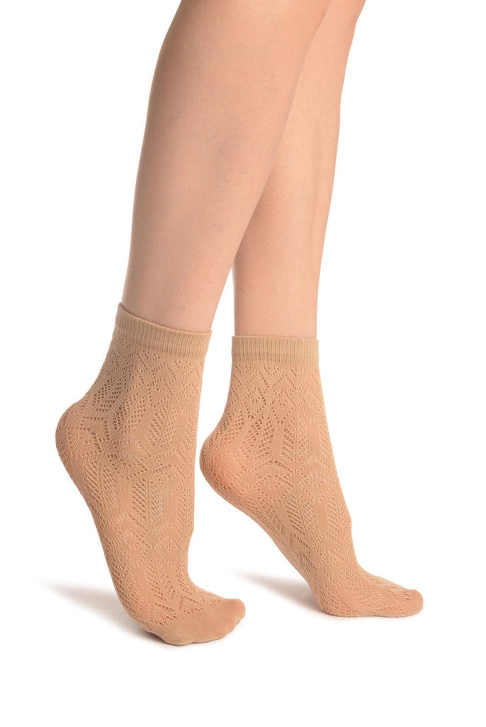 liss kiss Beige Geometrical Crochet Lace Ankle High Socks - Socks