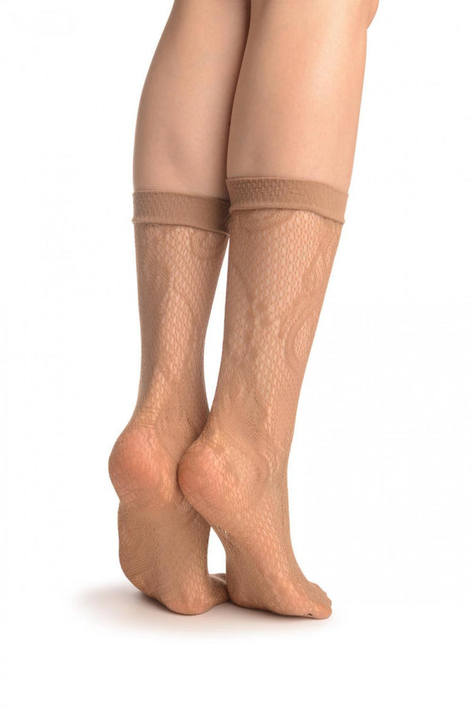 Liss Kiss Beige Gladiolus Flowers Ankle High Socks - Socks