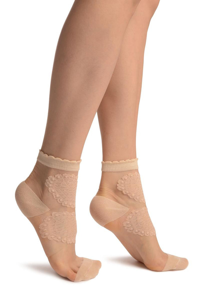 Liss Kiss Beige Hearts On Invisible Mesh Ankle High Socks - Socks
