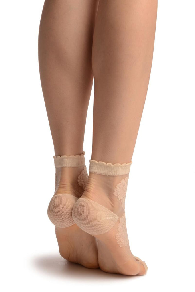 Liss Kiss Beige Hearts On Invisible Mesh Ankle High Socks - Socks