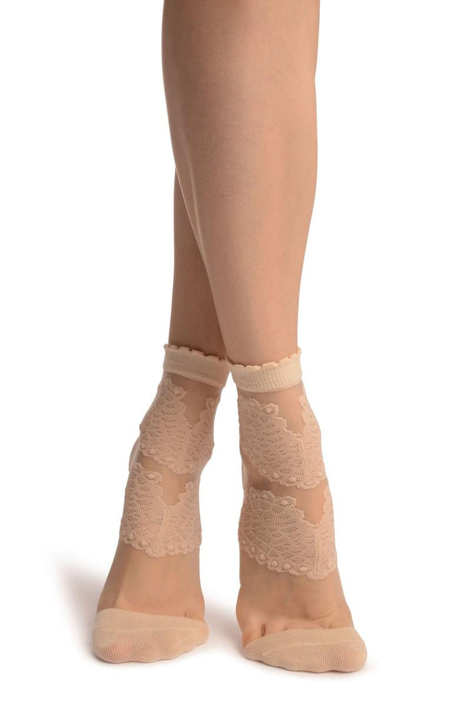 liss kiss Beige Hearts On Invisible Mesh Ankle High Socks - Socks