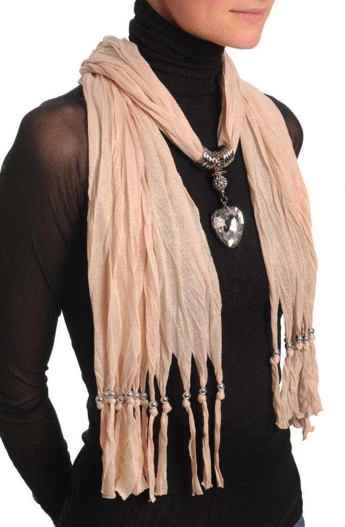 Liss Kiss Beige Jewellery Scarf With Crystal Heart & Beads - Scarf