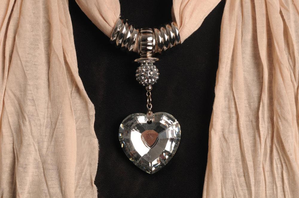 Liss Kiss Beige Jewellery Scarf With Crystal Heart & Beads - Scarf