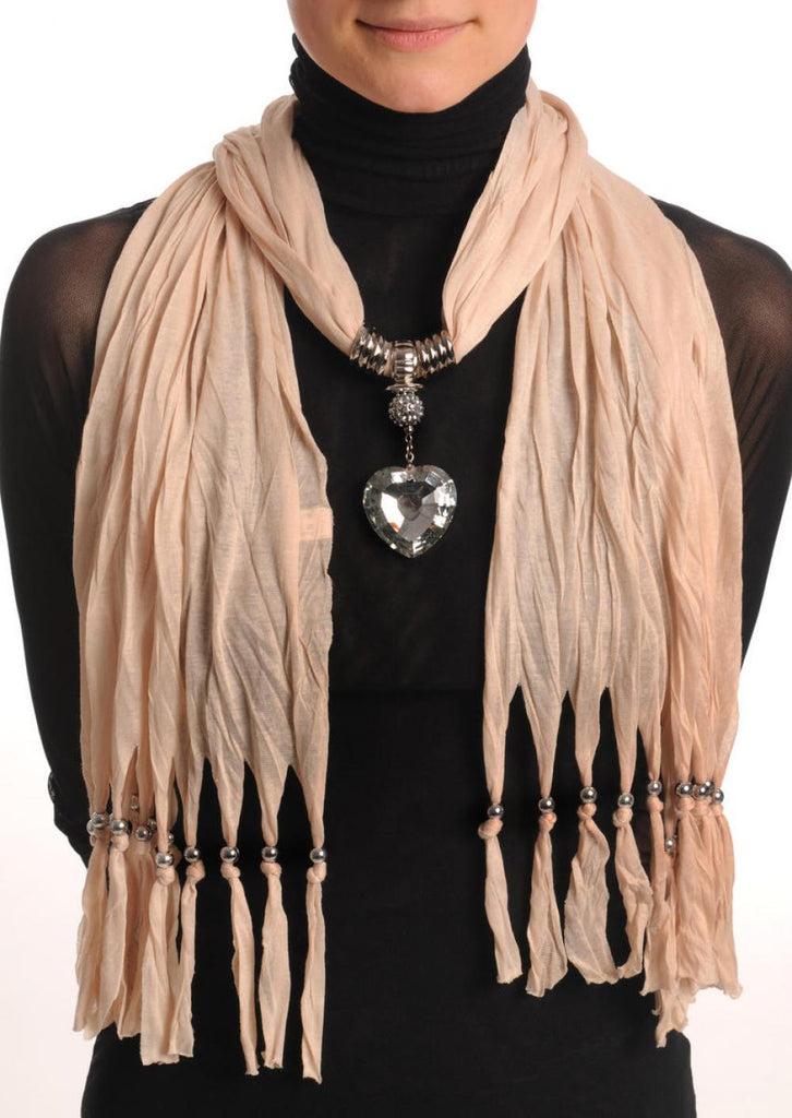 liss kiss Beige Jewellery Scarf With Crystal Heart & Beads - Scarf