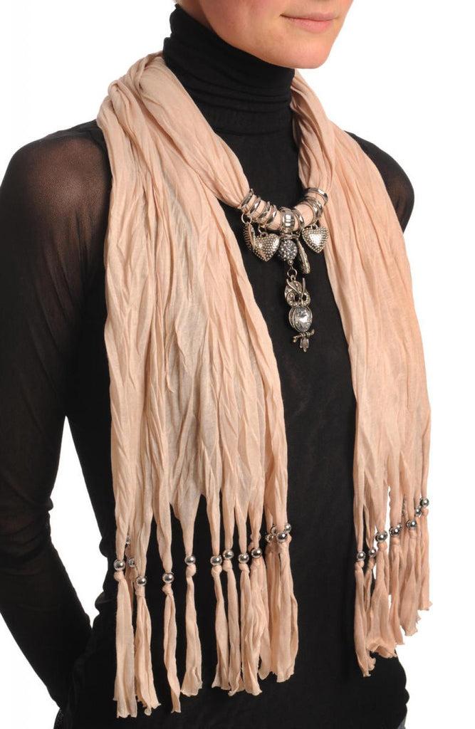 Liss Kiss Beige Jewellery Scarf With Owl Pendant & Beads - Scarf