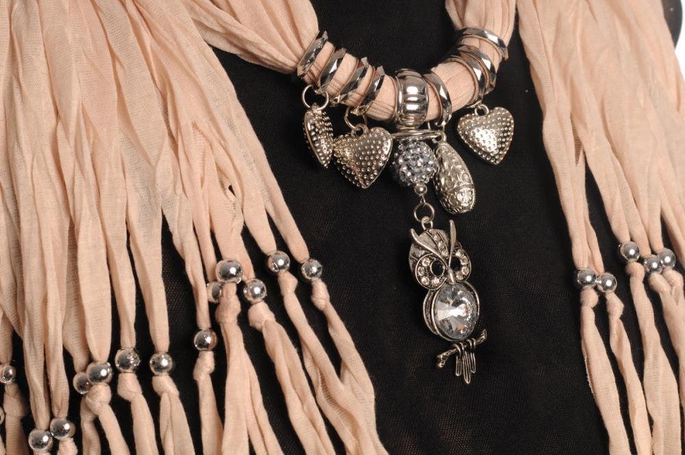 Liss Kiss Beige Jewellery Scarf With Owl Pendant & Beads - Scarf