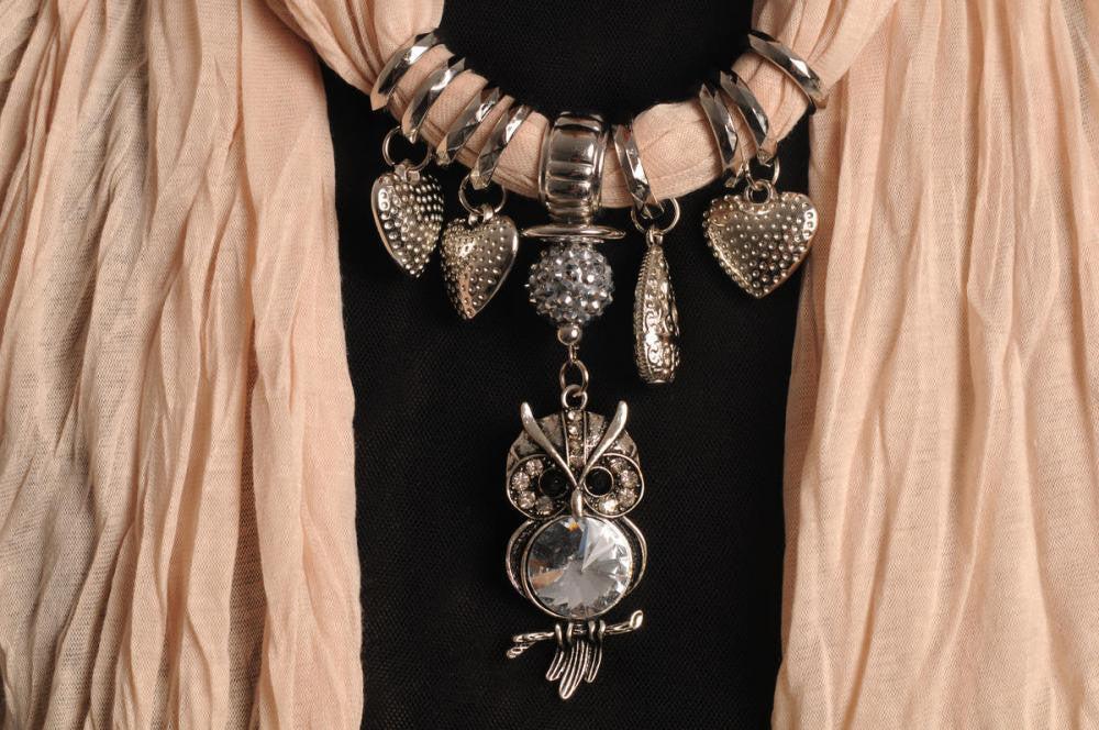 Liss Kiss Beige Jewellery Scarf With Owl Pendant & Beads - Scarf
