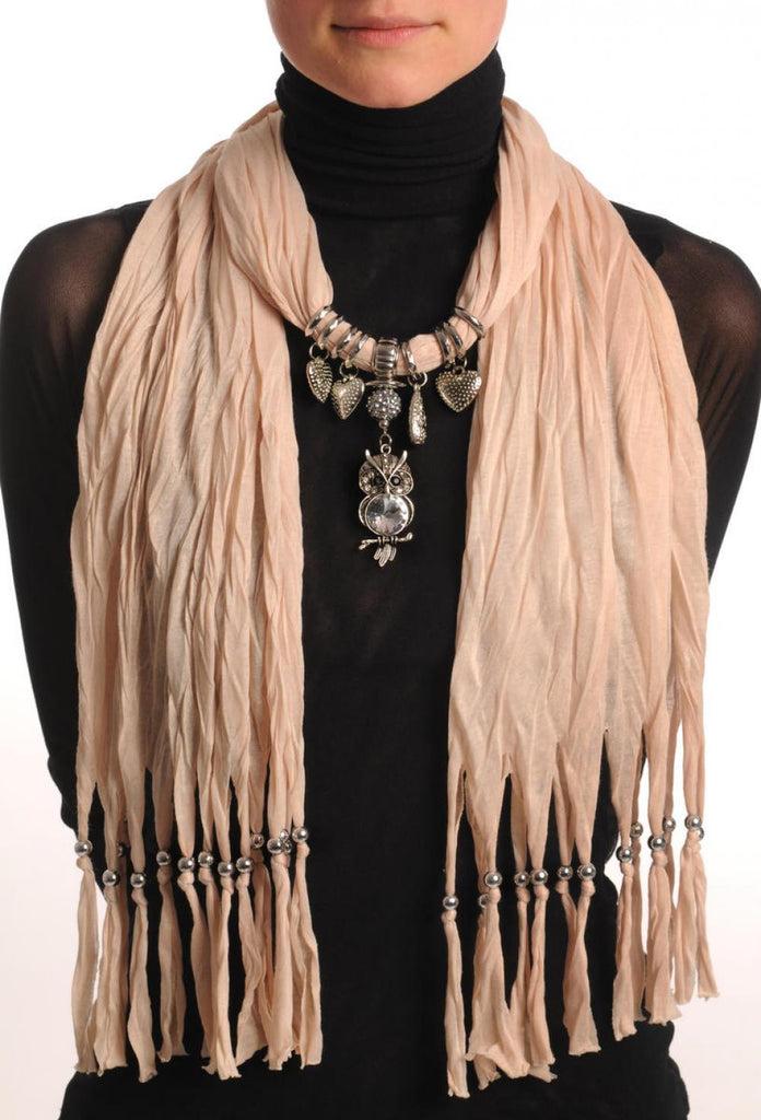 liss kiss Beige Jewellery Scarf With Owl Pendant & Beads - Scarf