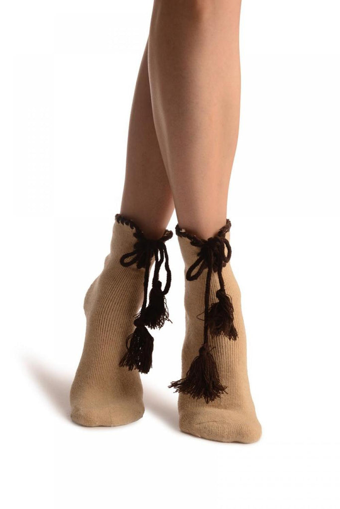 Liss Kiss Beige Lace Up With Silicon Grip Angora Ankle High Socks - Socks