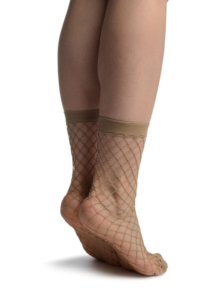 Liss Kiss Beige Large Fishnet With Reinforced Toe Ankle High Socks - Socks