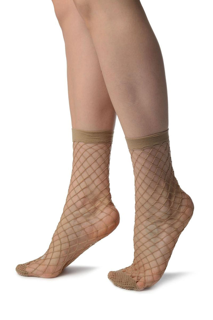 Liss Kiss Beige Large Fishnet With Reinforced Toe Ankle High Socks - Socks