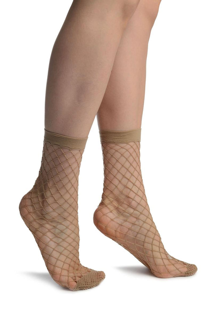 liss kiss Beige Large Fishnet With Reinforced Toe Ankle High Socks - Socks