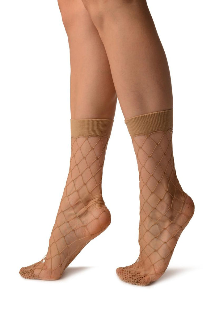 Liss Kiss Beige Large Fishnet With Wide Top & Reinforced Toe Ankle High Socks - Socks