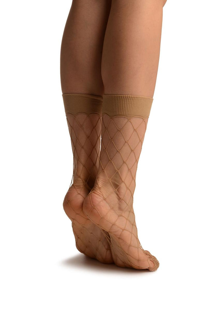 Liss Kiss Beige Large Fishnet With Wide Top & Reinforced Toe Ankle High Socks - Socks
