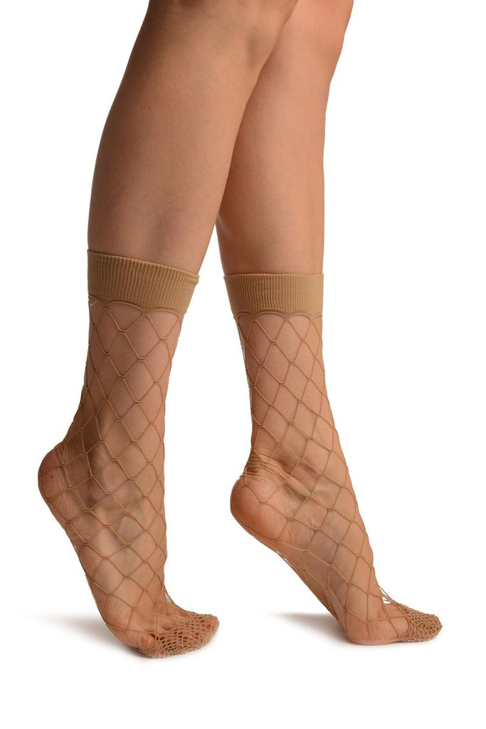 liss kiss Beige Large Fishnet With Wide Top & Reinforced Toe Ankle High Socks - Socks