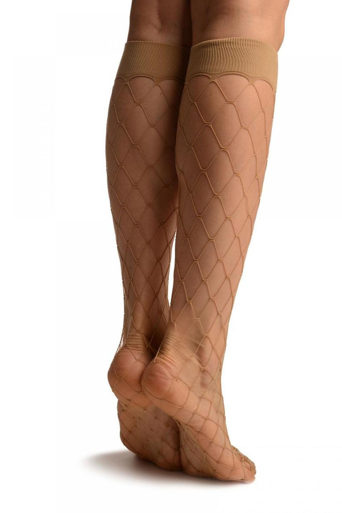 Liss Kiss Beige Large Fishnet With Wide Top & Reinforced Toe Knee High Socks - Socks