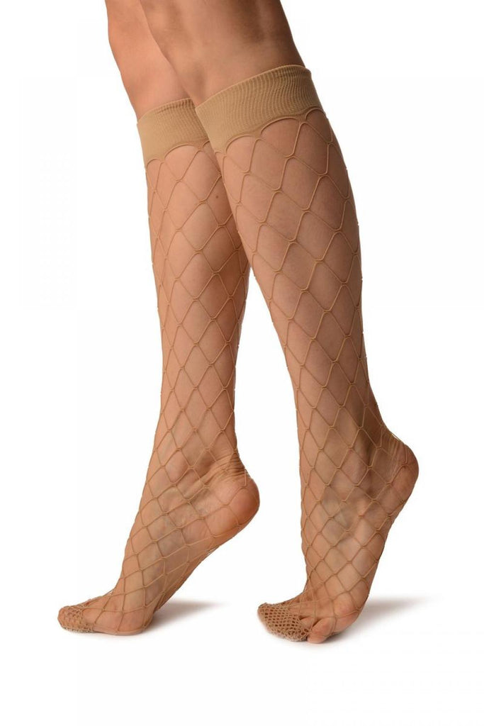 Liss Kiss Beige Large Fishnet With Wide Top & Reinforced Toe Knee High Socks - Socks