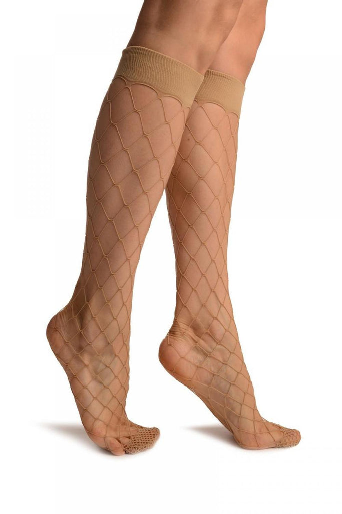 liss kiss Beige Large Fishnet With Wide Top & Reinforced Toe Knee High Socks - Socks