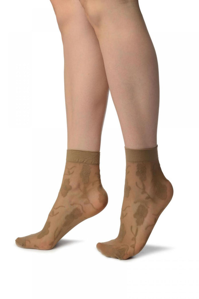 Liss Kiss Beige Mesh With Large Flowers Ankle High Socks - Socks
