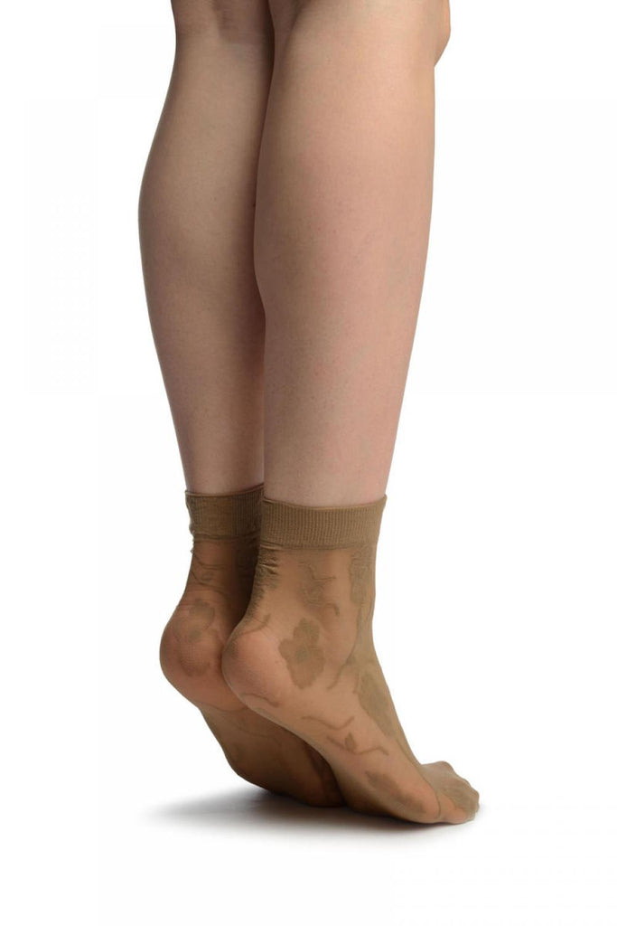 Liss Kiss Beige Mesh With Large Flowers Ankle High Socks - Socks