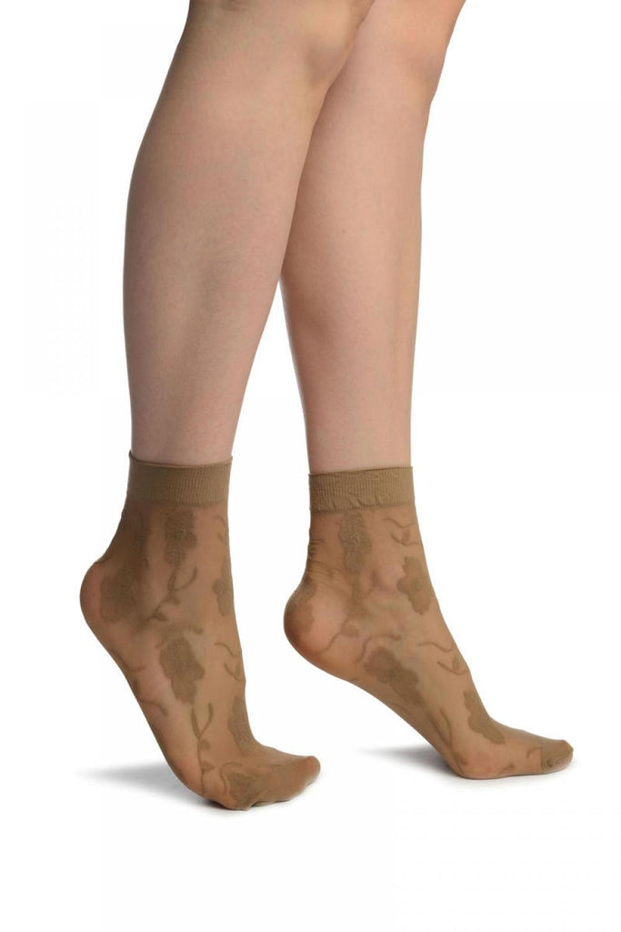 liss kiss Beige Mesh With Large Flowers Ankle High Socks - Socks
