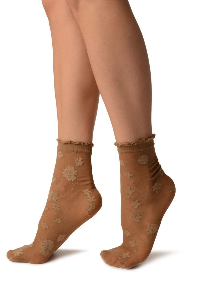 Liss Kiss Beige Micro Mesh With Flowers Ankle High Socks With Comfort Top - Socks