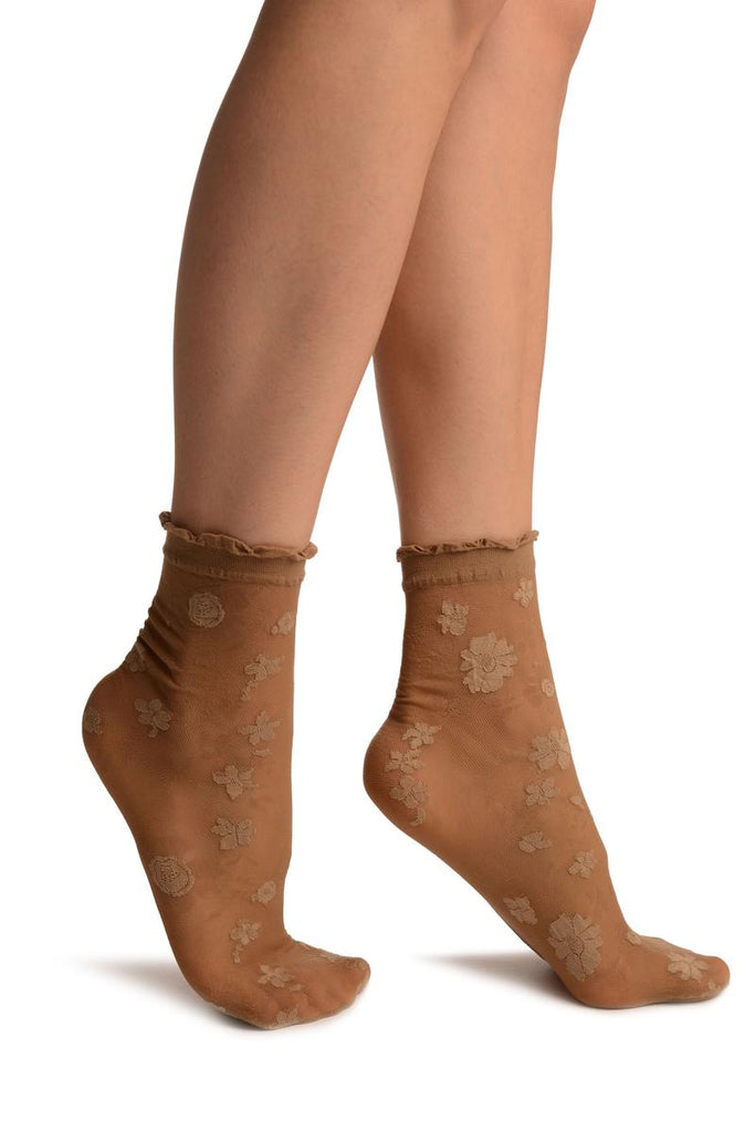 liss kiss Beige Micro Mesh With Flowers Ankle High Socks With Comfort Top - Socks