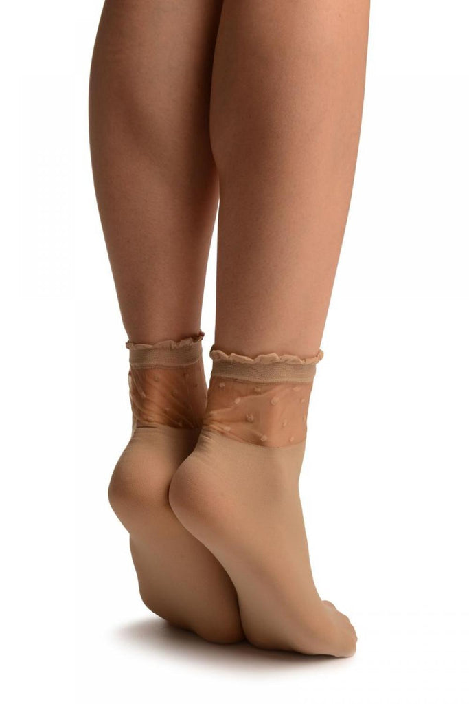 Liss Kiss Beige Opaque With Sheer Spotty Top Ankle High Socks - Socks