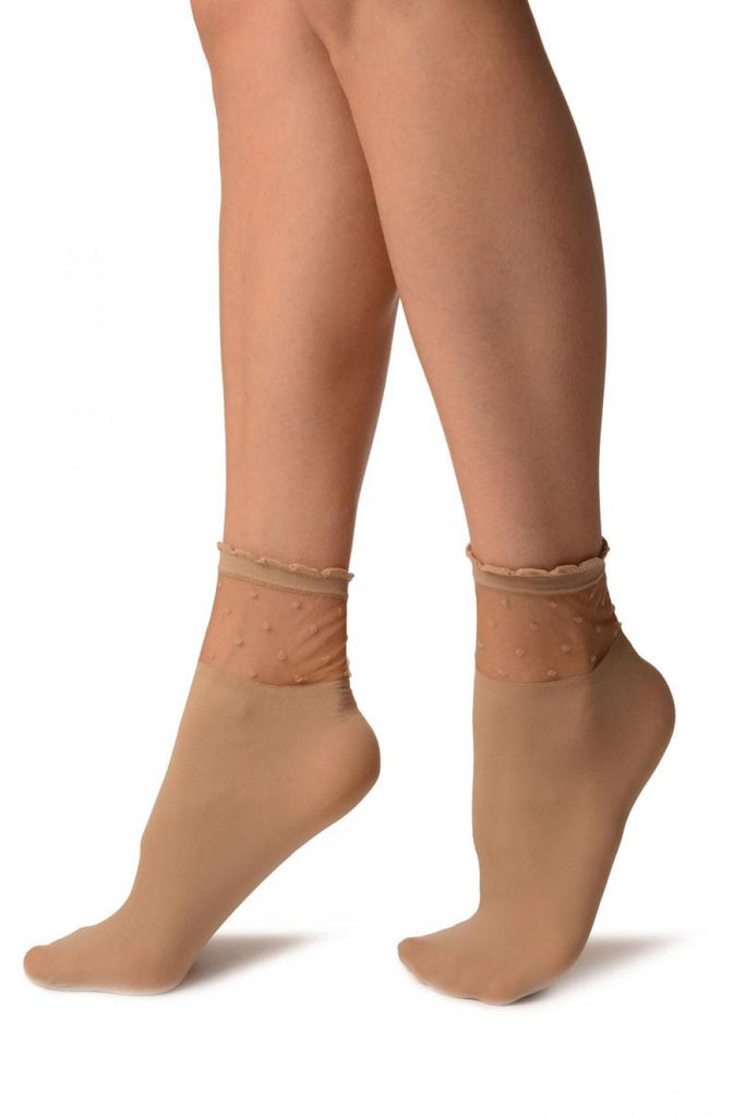 Liss Kiss Beige Opaque With Sheer Spotty Top Ankle High Socks - Socks