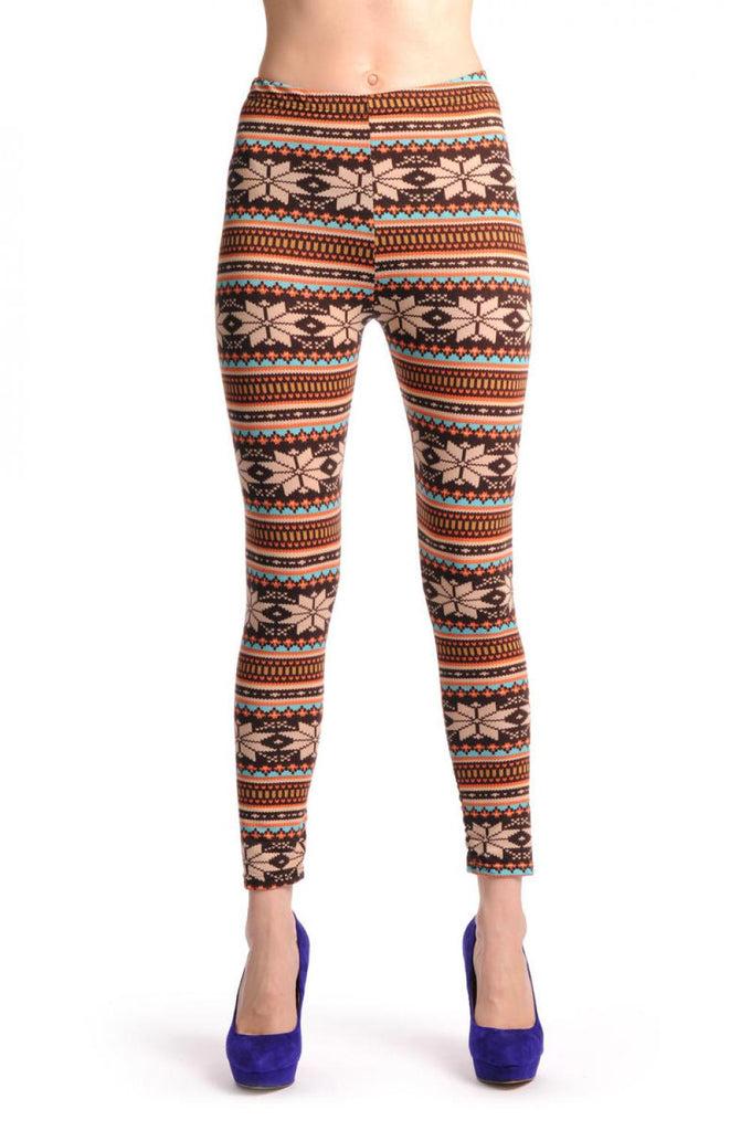 Liss Kiss Beige Orange Blue & Brown Aztec Jacquard Knit Print - Leggings