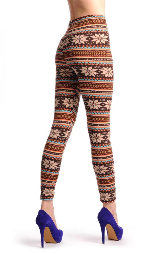 Liss Kiss Beige Orange Blue & Brown Aztec Jacquard Knit Print - Leggings
