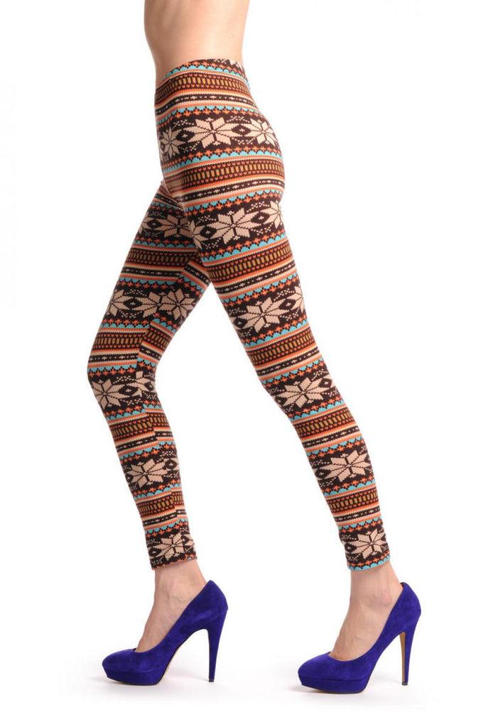 liss kiss Beige Orange Blue & Brown Aztec Jacquard Knit Print - Leggings liss kiss Beige Orange Blue & Brown Aztec Jacquard Knit Print - Leggings