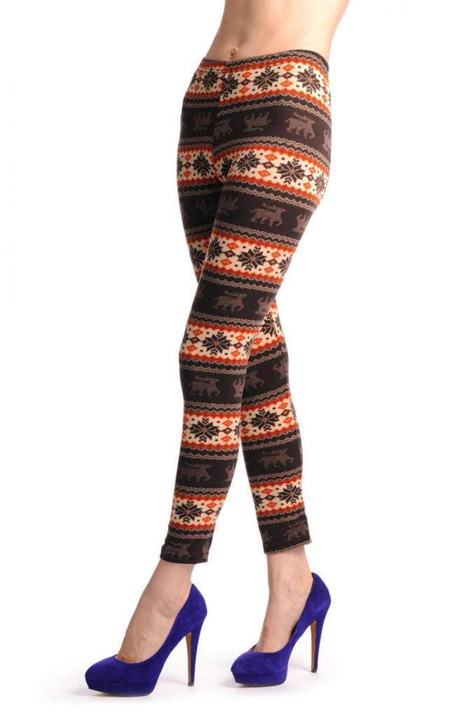 Liss Kiss Beige Orange & Brown With Reindeers Aztec Jacquard Knit Print - Leggings