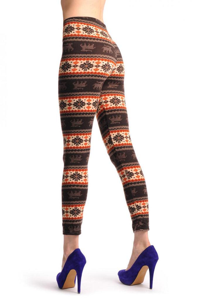 Liss Kiss Beige Orange & Brown With Reindeers Aztec Jacquard Knit Print - Leggings