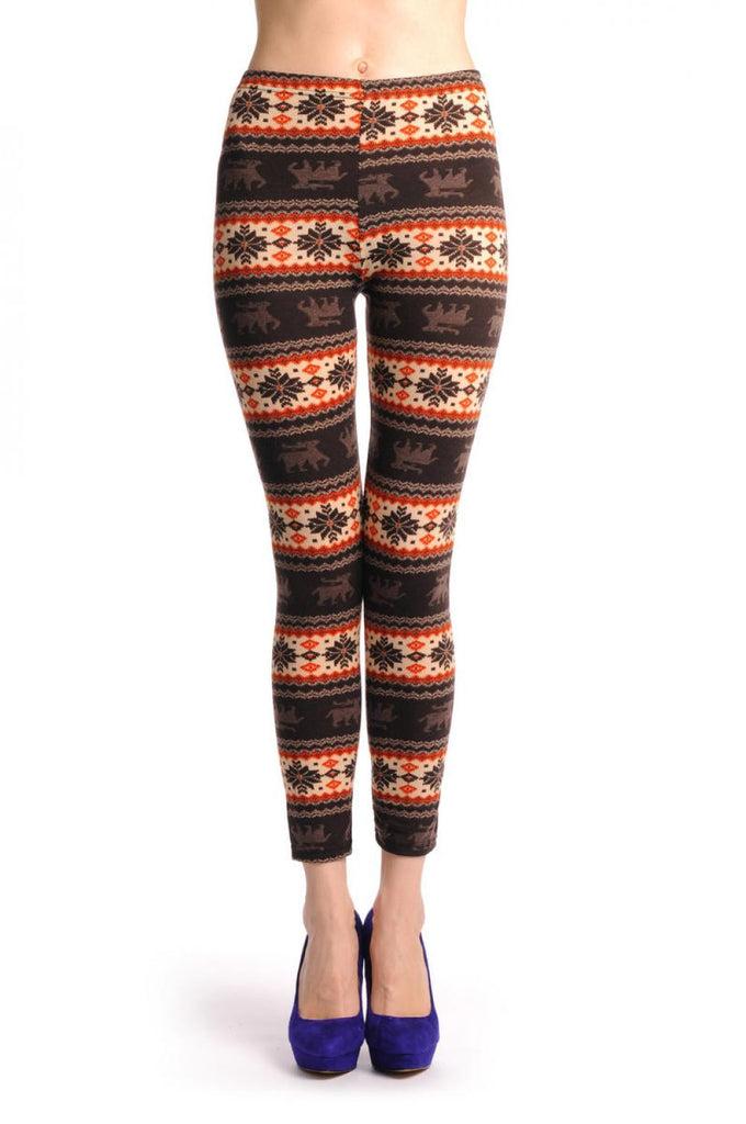 Liss Kiss Beige Orange & Brown With Reindeers Aztec Jacquard Knit Print - Leggings