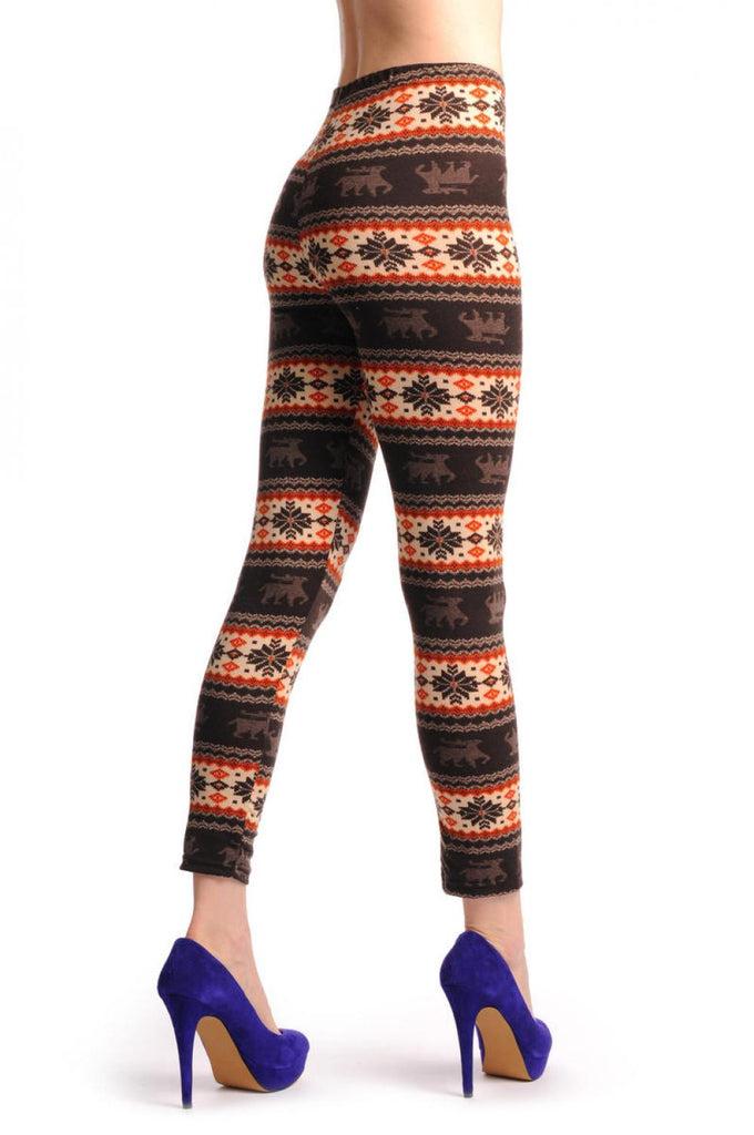 liss kiss Beige Orange & Brown With Reindeers Aztec Jacquard Knit Print - Leggings