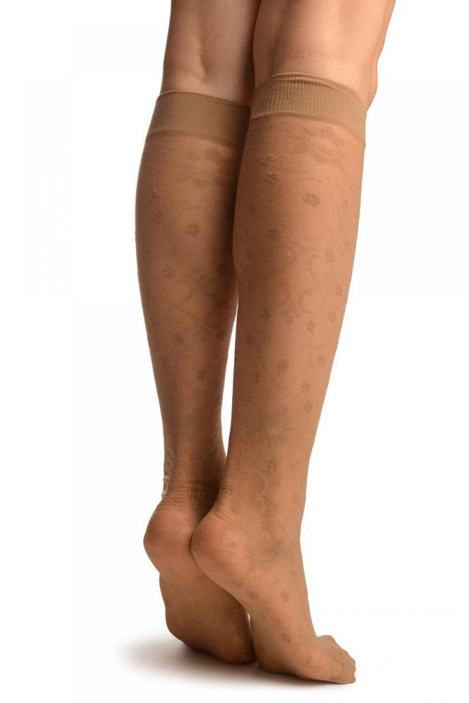 Liss Kiss Beige Orchids On Lace Socks Knee High - Socks