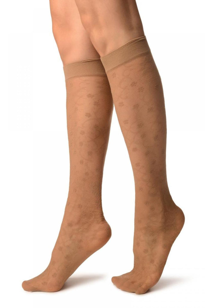 Liss Kiss Beige Orchids On Lace Socks Knee High - Socks