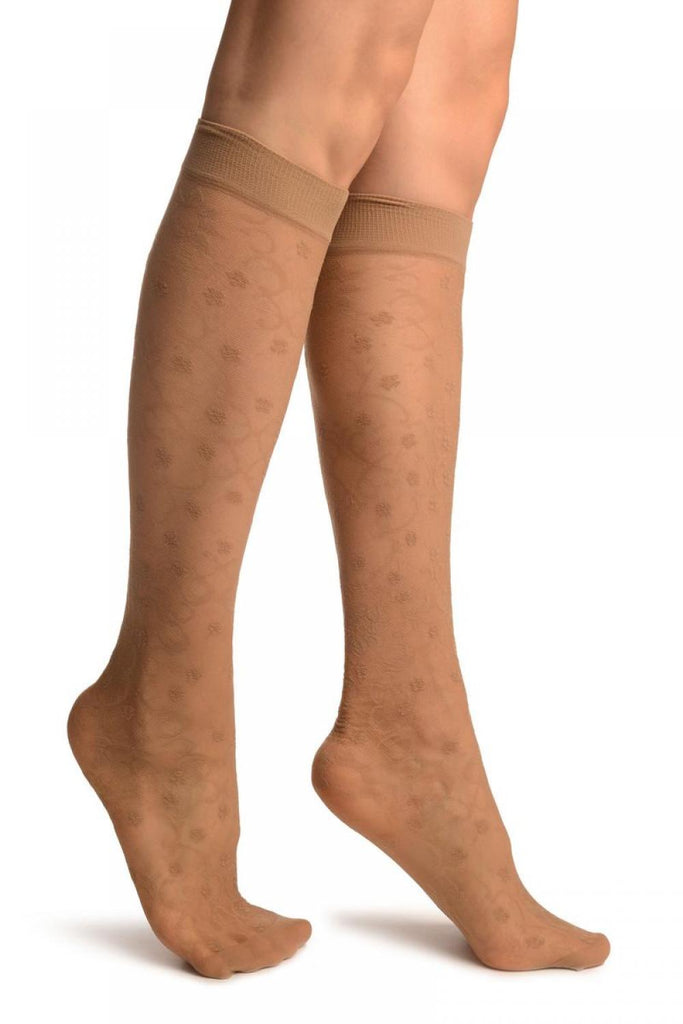 liss kiss Beige Orchids On Lace Socks Knee High - Socks