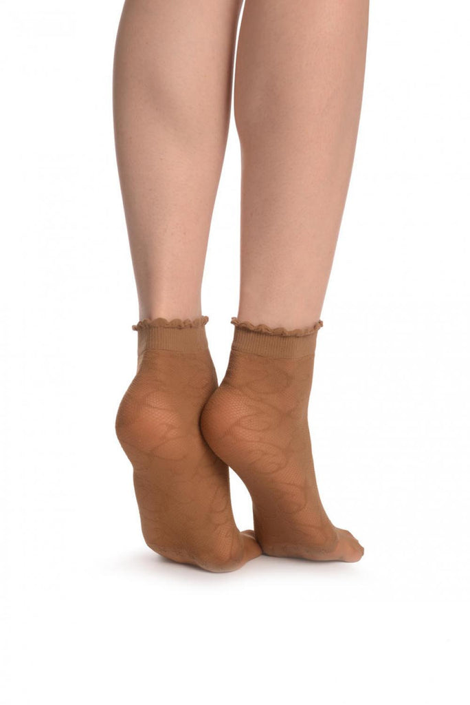Liss Kiss Beige Patterned Mesh & Sheer Toes Socks Ankle High - Socks