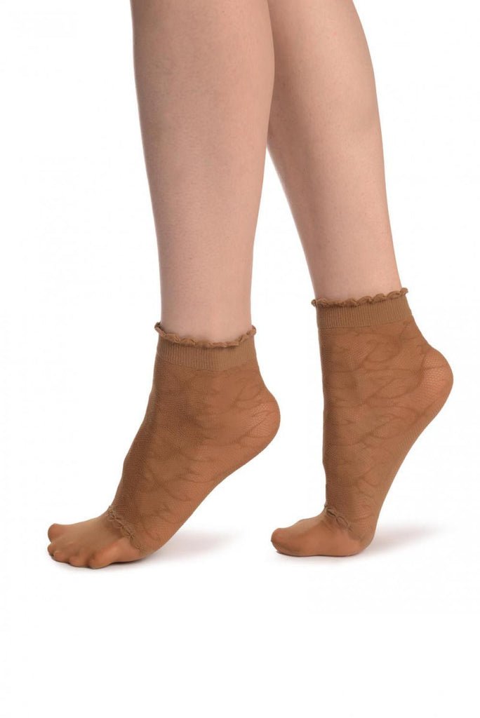 Liss Kiss Beige Patterned Mesh & Sheer Toes Socks Ankle High - Socks